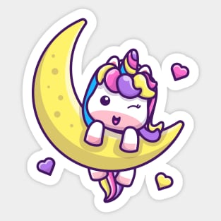 Cute Unicorn On Moon Cartoon Sticker